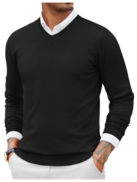 Men Casual V Neck Sweater Ribbed Knit Slim Fit Long Sleeve Pullover Top