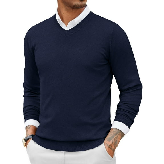 COOFANDY Men Casual V Neck Sweater Ribbed Knit Slim Fit Long Sleeve Pullover Top