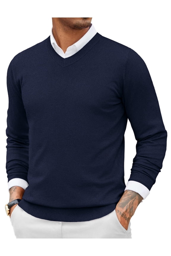 Men Casual V Neck Sweater Ribbed Knit Slim Fit Long Sleeve Pullover Top