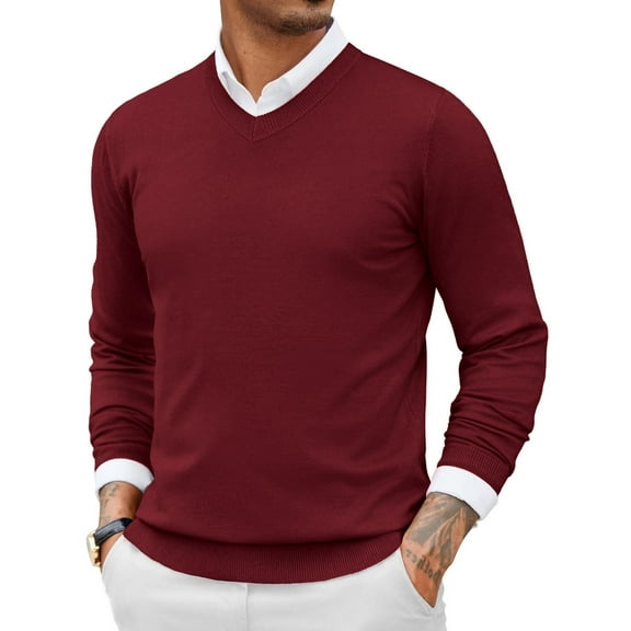 COOFANDY Men Casual V Neck Sweater Ribbed Knit Slim Fit Long Sleeve Pullover Top