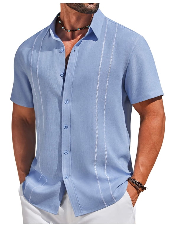 Men' Cuban Guayabera Shirts Button Down Short Sleeve Shirt Casual Linen Summer Beach Shirts