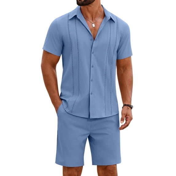 COOFANDY Men Cuban Sets Outfits 2 Piece Short Sleeve Cuban Shirts Guayabera Linen Suit
