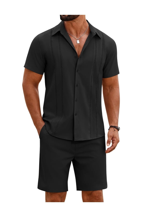 Men Cuban Sets Outfits 2 Piece Short Sleeve Cuban Shirts Guayabera Linen Suit