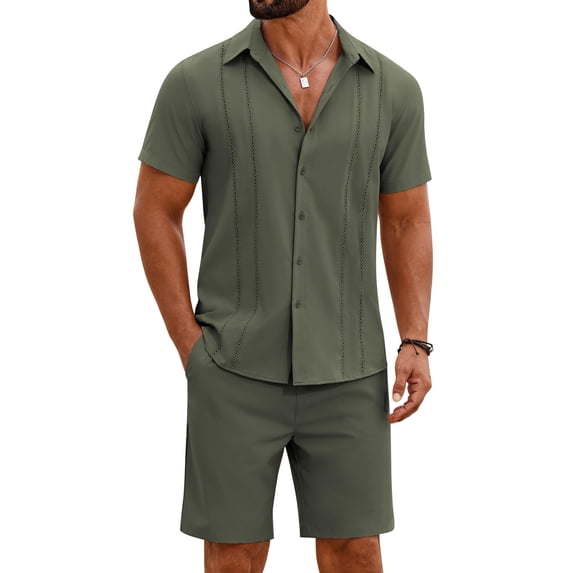 COOFANDY Men Cuban Sets Outfits 2 Piece Short Sleeve Cuban Shirts Guayabera Linen Suit