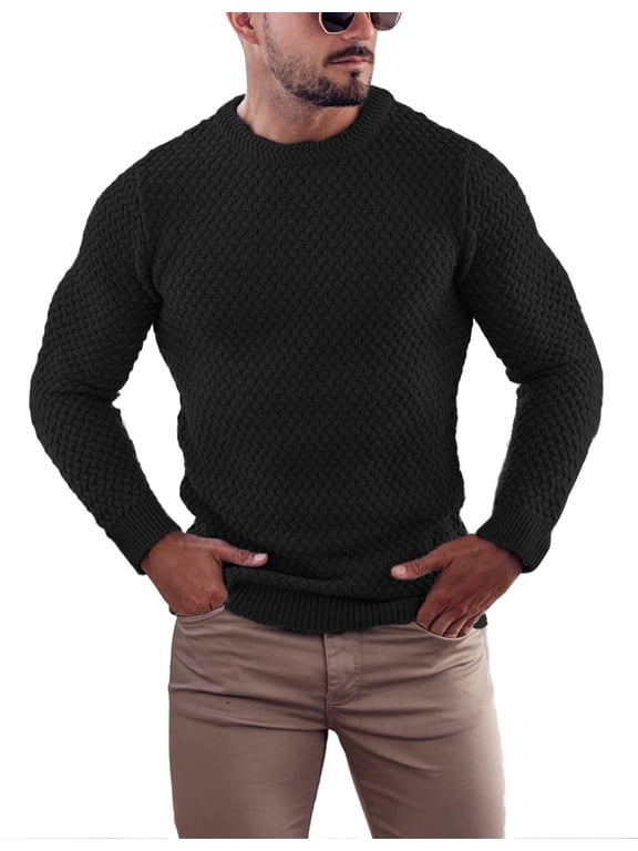 Men's White Sweater Cable Knitted Sweater Muscle Fitted Sweaters Crew Neck Pullover Knitwear