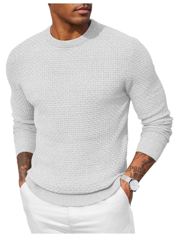 Men's White Sweater Cable Knitted Sweater Muscle Fitted Sweaters Crew Neck Pullover Knitwear