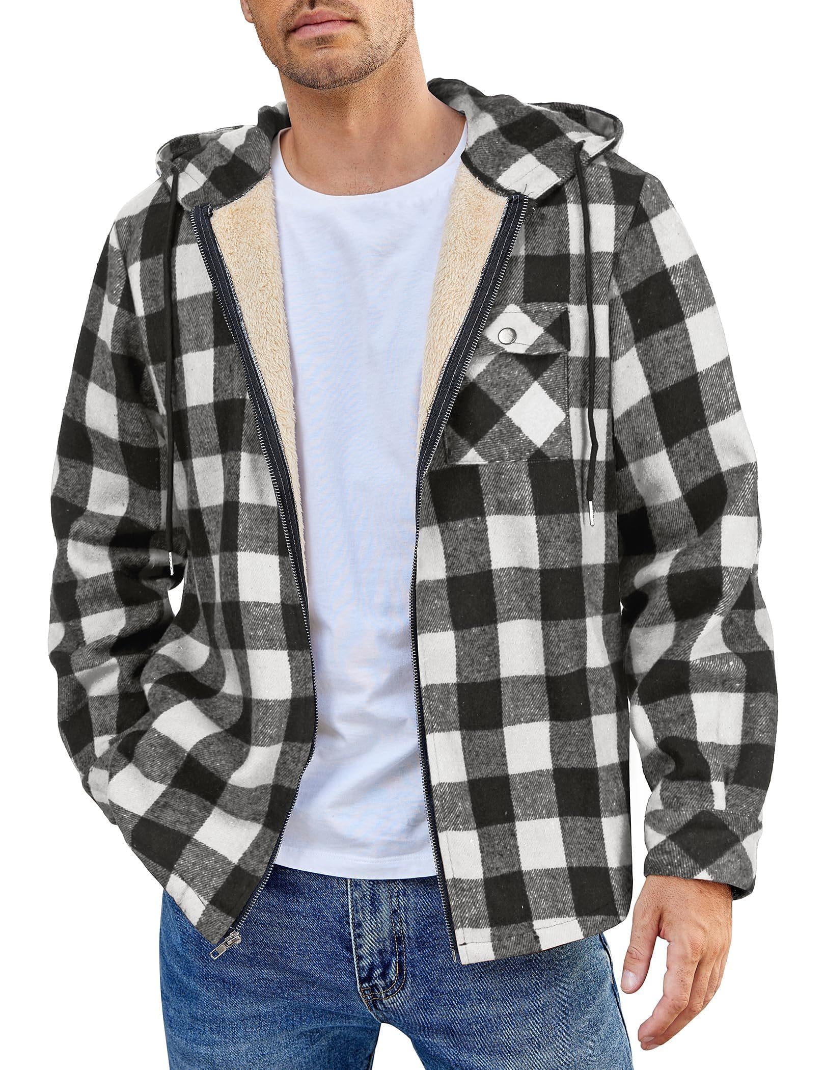 COOFANDY Men's Flannel Hooded Shirt Jacket Plaid Hoodie Zipper Sherpa Lined Winter Thermal Flannel