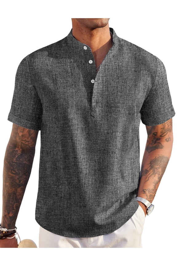 Men's Linen Henley Shirts Short Sleeve Casual Banded Collar Shirt Summer Beach Hippie T Shirts