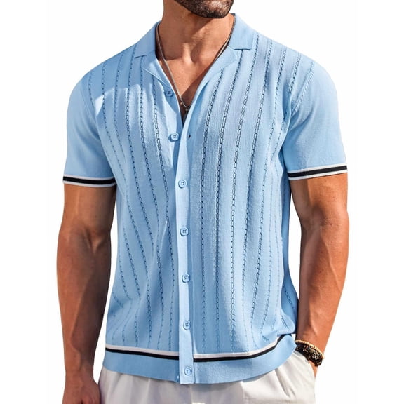 COOFANDY Men Knit Shirt Short Sleeve Button Down Polo Shirt Casual Beach Tops