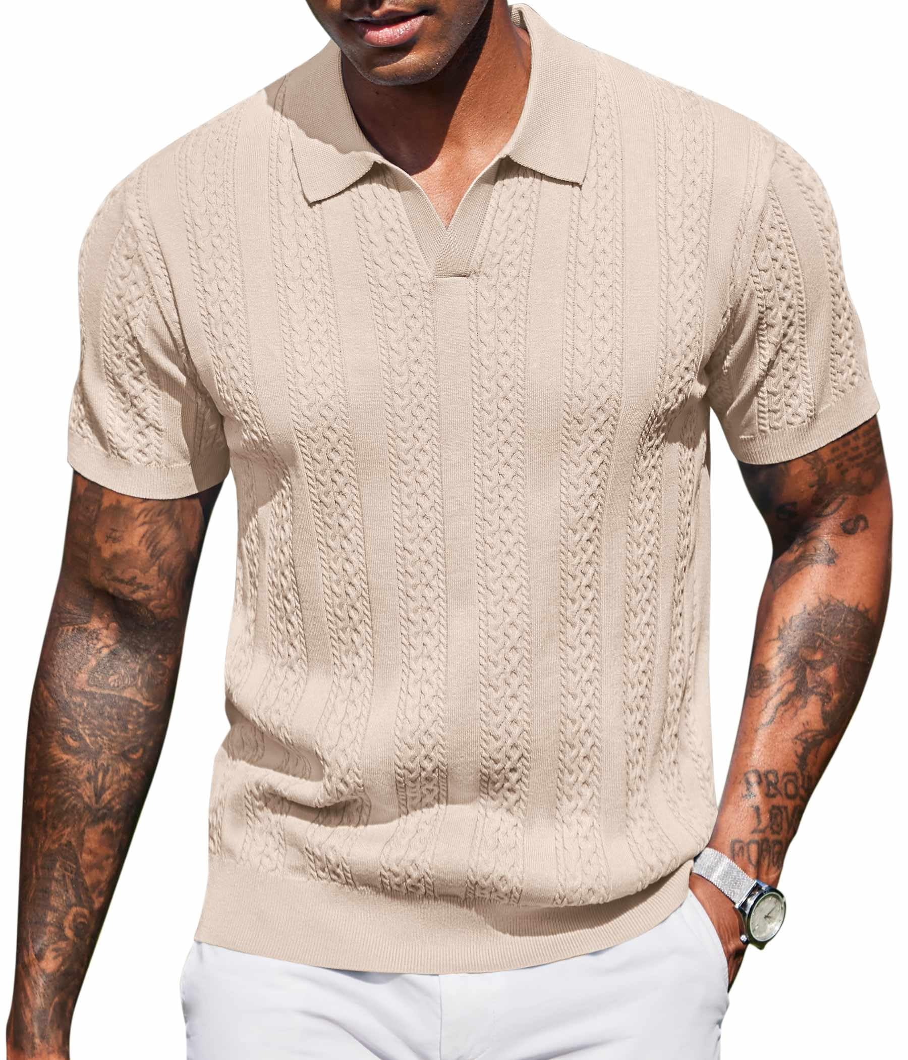 COOFANDY Men' Knit Shirts Short Sleeve Vintage Style Mens Polo Textured ...