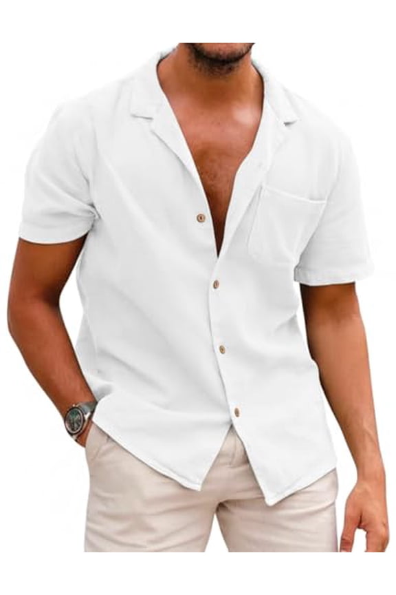 Men Linen Aloha Shirts Button Up Lightweight Beach Wear Wedding T Shirts