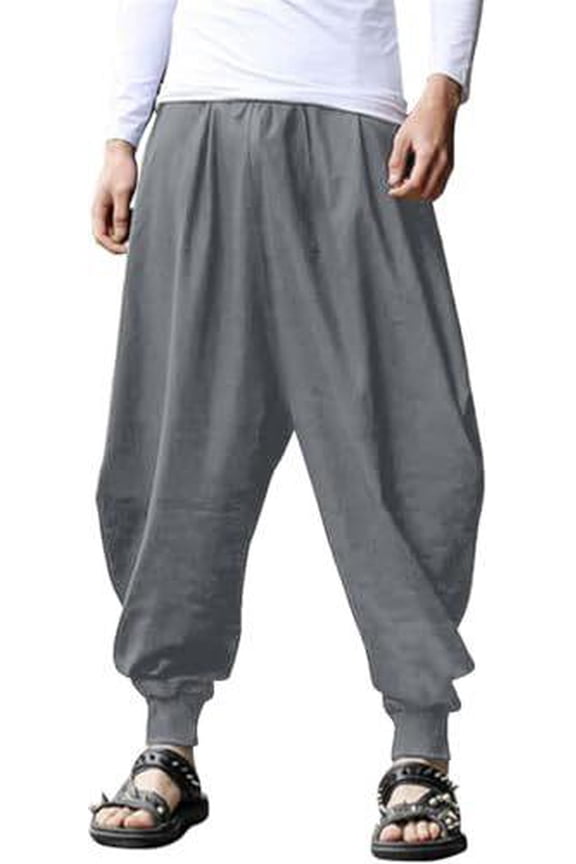 Mens Harem Linen Cotton Hippie Pants Baggy Yoga Pants Crotch Drop Elastic Waist Trousers