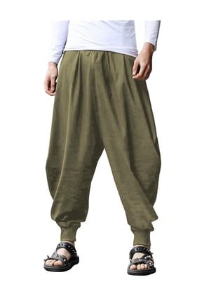 Men's Linen Pants Casual Elastic Waist Drawstring Cotton Yoga Genie Boho Pants
