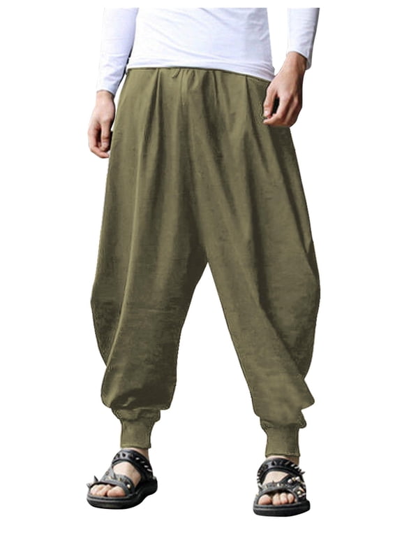 Men's Linen Pants Casual Elastic Waist Drawstring Cotton Yoga Genie Boho Pants