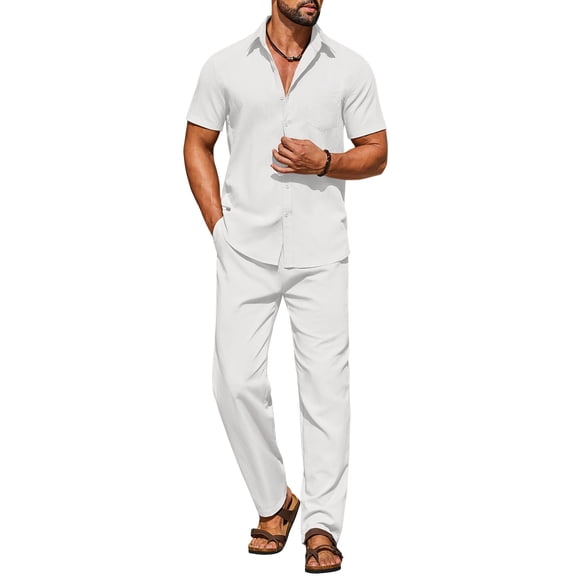 COOFANDY Men' Linen Sets 2 Piece Outfits Casual Short Sleeve Button Down Shirts and Pants Summer Beach Vacation Outfits