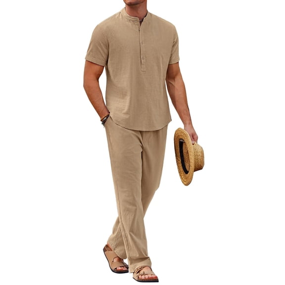 COOFANDY Linen Set for Men Cotton Short Sleeve Henley Shirt Drawstring Loose Pants Summer Loungewear Sets
