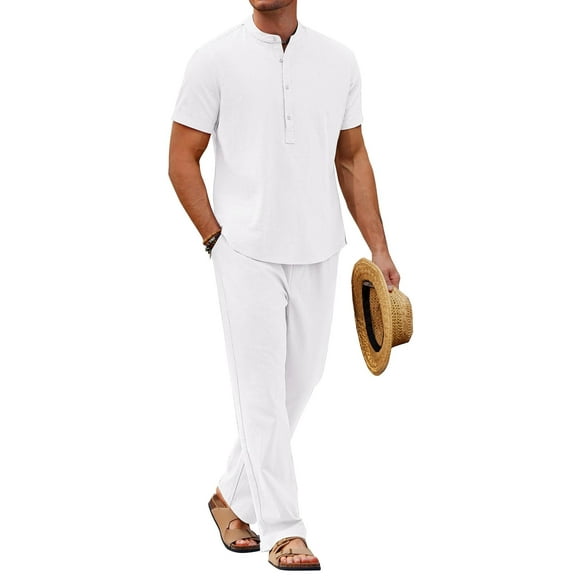 COOFANDY Men Linen Sets Outfits 2 Piece Casual Henley Shirts Casual Yoga Pants Set Hawaiian Beach Outfit