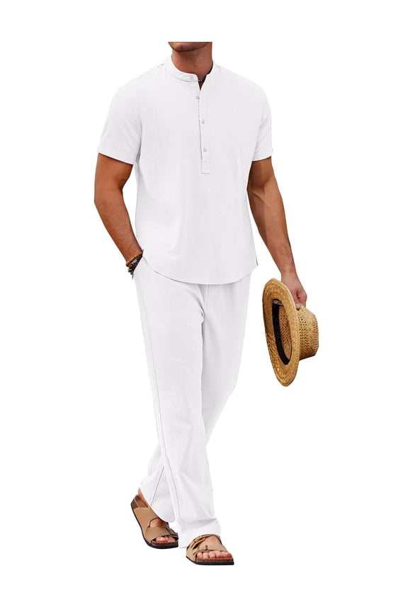 Men Linen Sets Outfits 2 Piece Casual Henley Shirts Casual Yoga Pants Set Hawaiian Beach Outfit