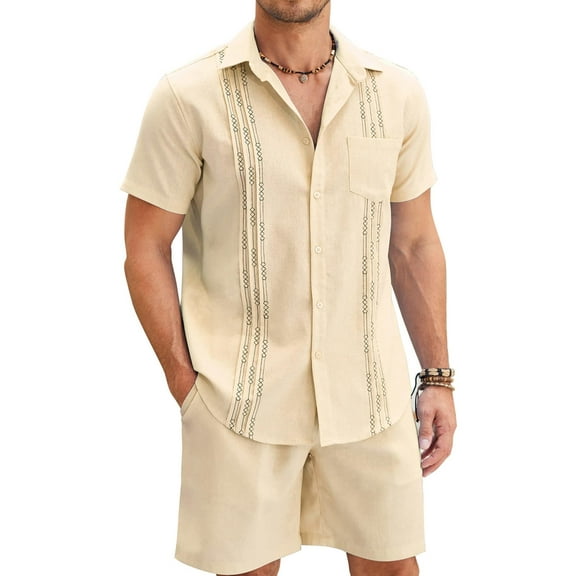 COOFANDY Men's Linen Sets 2 Piece Hawaiian Vacation Matching Shirt and Shorts Set