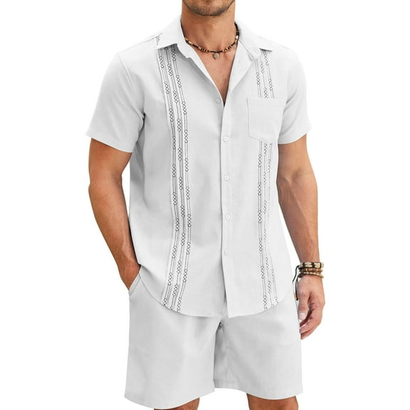 COOFANDY Men's Linen Sets 2 Piece Hawaiian Vacation Matching Shirt and Shorts Set