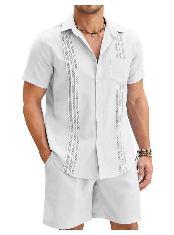 Men's White Linen Suits Sets Beach Wear Clothes Short Sets Outfits 2 Piece