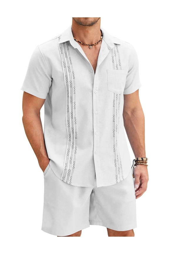 Men's White Linen Suits Sets Beach Wear Clothes Short Sets Outfits 2 Piece