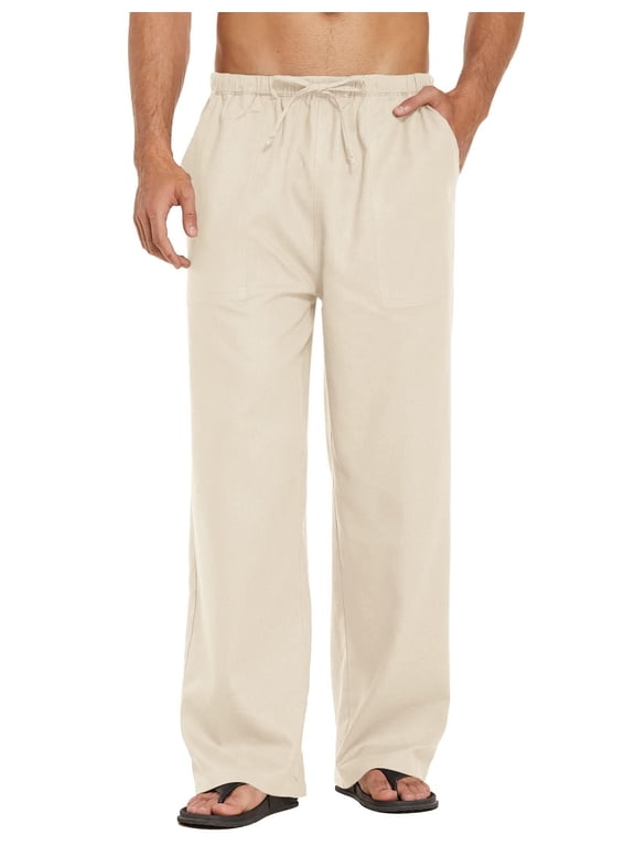Men Casual Linen Pants Lightweight Linen Pants Elastic Waist Pants with Pockets