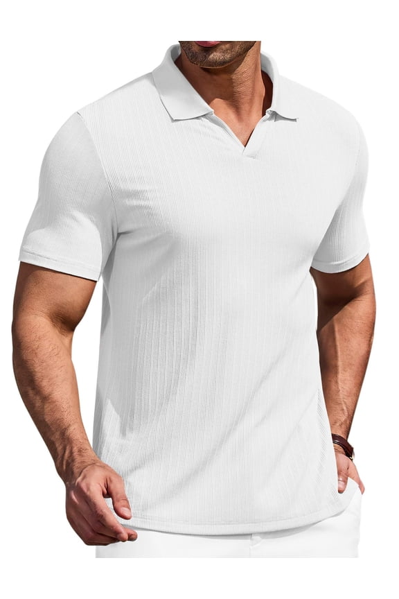 Men' Muscle V Neck Polo Shirts Slim Fit Short Sleeve Golf T-Shirts Ribbed Knit Soft Tees