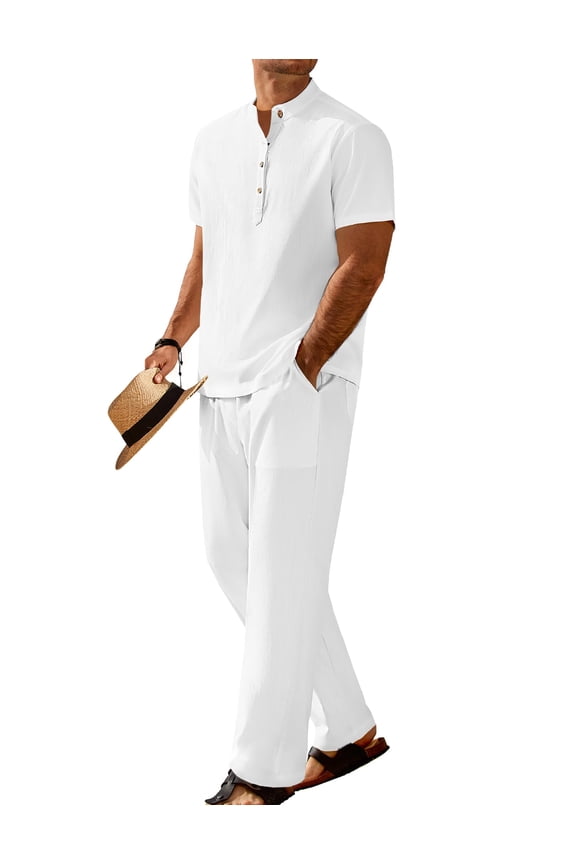 Men Sets Outfits 2 Piece Casual Button Down Shirt Beach Summer Hippie Henley T Shirts White Outfits for Men