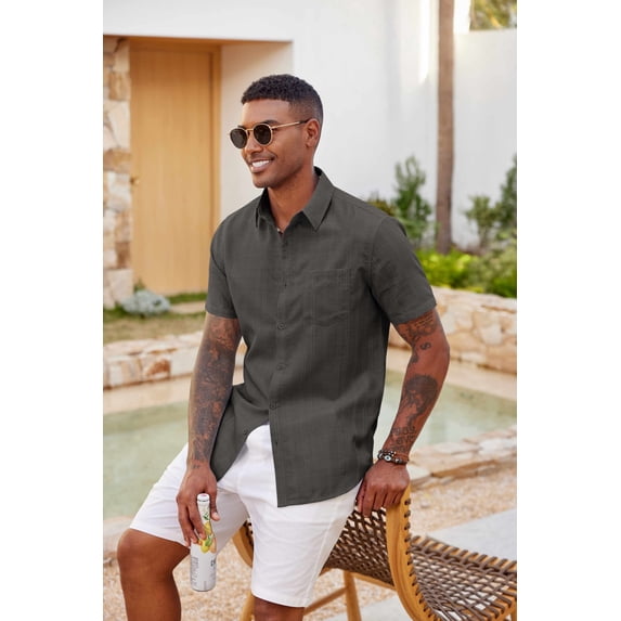 COOFANDY Men' Short Sleeve Casual Shirts Jaquard Button Down Shirts Linen Textured Shirt Summer Beach Tops