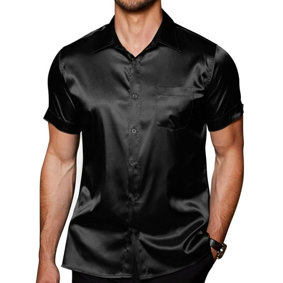 COOFANDY Men Short Sleeve Shirts Silk Satin Button Down Shirt Summer Hawaiian Shirt
