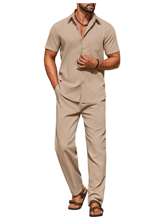 Men Summer Outfits 2 Piece Linen Sets Beach Button Down Shirt Casual Loose Pants Set