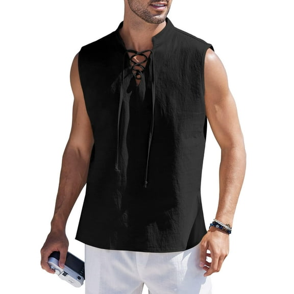 COOFANDY Men Tank Top Cotton Linen Beach Sleeveless Shirt Lace Up Bohemian Hippie Renaissance Pirate Kilt Medieval Tunic