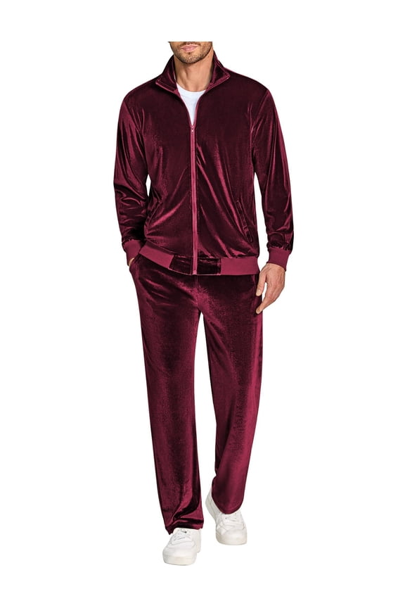 Velour Tracksuit Men Mock Neck Long Sleeve Mens Suits Athletic Fit 2 Piece Cheap Jogging Suits Mens Zip Up Jacket