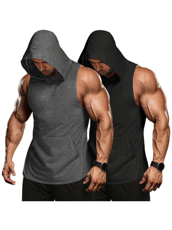 Men's 2 Pack Workout Hooded Tank Tops Bodybuilding Muscle Cut Off T Shirt Sleeveless Gym Hoodies