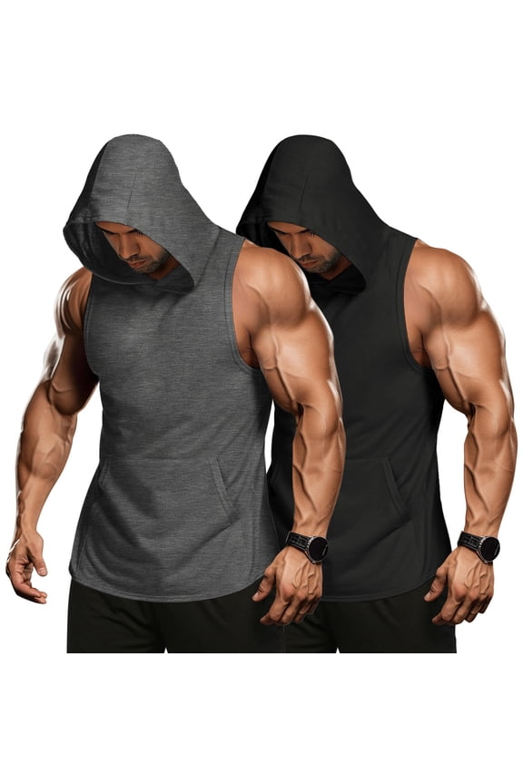 Men's Workout Hooded Tank Tops Bodybuilding Muscle Cut Off T Shirt Sleeveless Gym Lifting Hoodies 2 Pack