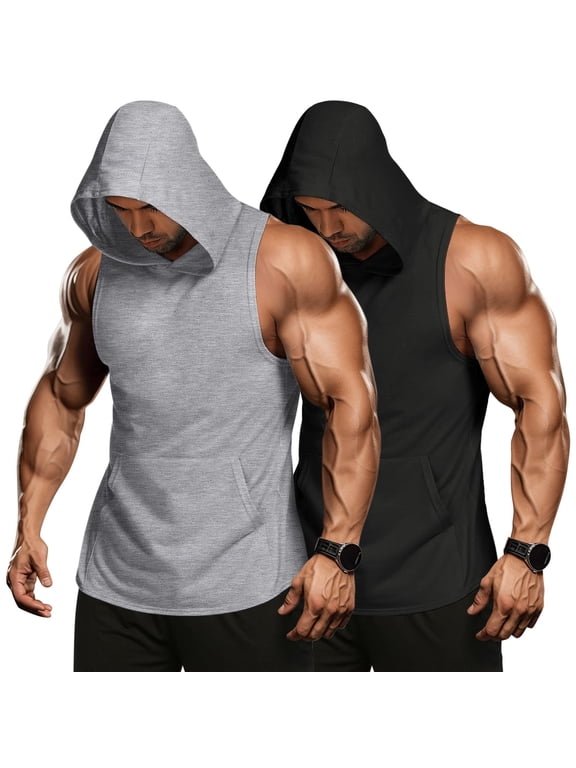Men's 2 Pack Workout Hooded Tank Tops Bodybuilding Muscle Cut Off T Shirt Sleeveless Gym Hoodies