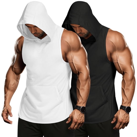 COOFANDY Men's 2 Pack Workout Hooded Tank Tops Bodybuilding Muscle Cut Off T Shirt Sleeveless Gym Hoodies