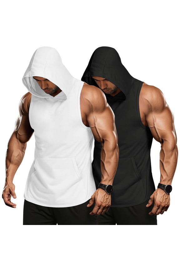 Men's 2 Pack Workout Hooded Tank Tops Bodybuilding Muscle Cut Off T Shirt Sleeveless Gym Hoodies