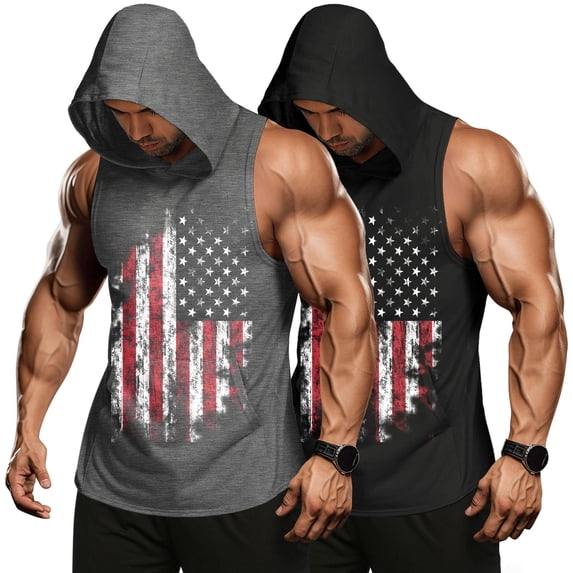 COOFANDY Men's 2 Pack Workout Hooded America Flag Tank Tops Bodybuilding Muscle Cut Off T Shirt Sleeveless