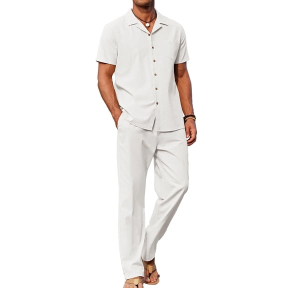 COOFANDY Men's 2 Piece Casual Linen Outfit - Beach Button Down Shirt & Loose Pant Sets