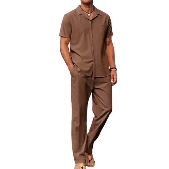 COOFANDY Men's 2 Piece Casual Linen Outfit - Beach Button Down Shirt & Loose Pant Sets