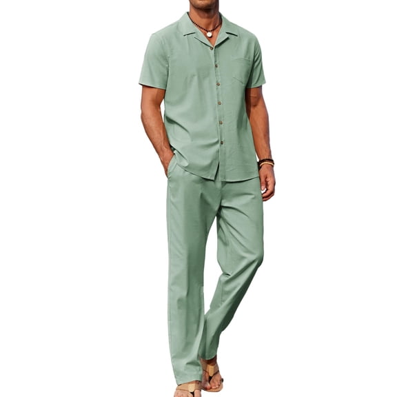 COOFANDY Men's 2 Piece Casual Linen Outfit - Beach Button Down Shirt & Loose Pant Sets