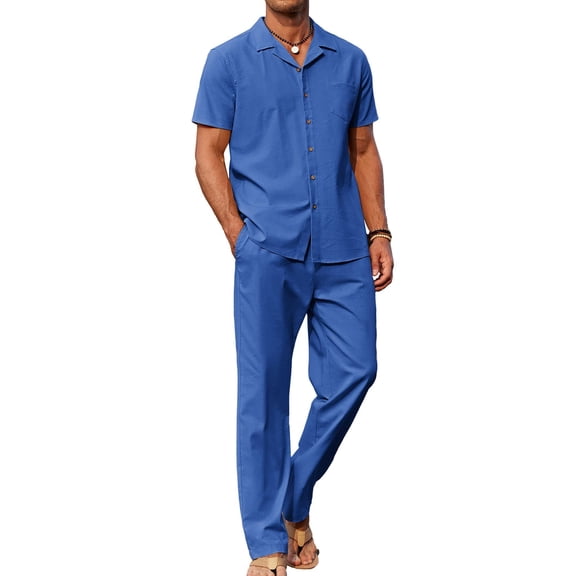 COOFANDY Men's 2 Piece Casual Linen Outfit - Beach Button Down Shirt & Loose Pant Sets