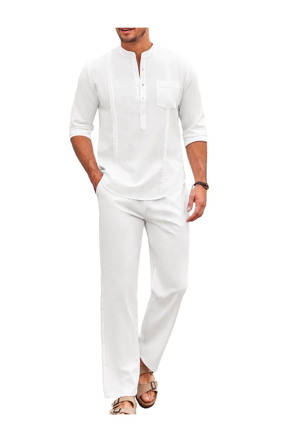 Men's White Linen Pants and Shirt Set Casual Beach Yoga Outfits 2 Piece Cotton Linen Henley Shirts Loose Pants Sets