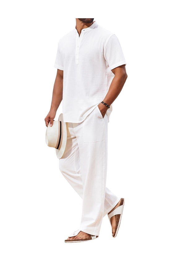 Men's 2 Piece Cotton Sets Casual Short Sleeve Henley Shirts and Yoga Beach Pants with Pockets Summer Vacation Outfit