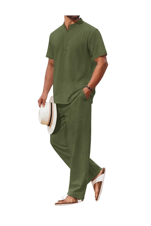 Men's 2 Piece Cotton Sets Casual Short Sleeve Henley Shirts and Yoga Beach Pants with Pockets Summer Vacation Outfit