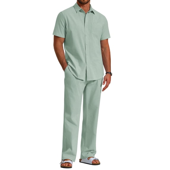 COOFANDY Men's 2 Piece Linen Beach Outfits Short Sleeve Button Down Shirts Loose Pants For Men