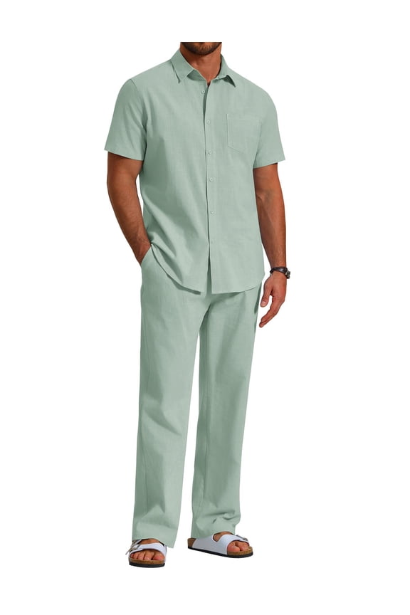Men's 2 Piece Linen Beach Outfits Short Sleeve Button Down Shirts Loose Pants For Men