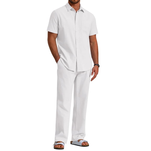 COOFANDY Men's 2 Piece Linen Beach Outfits Short Sleeve Button Down Shirts Loose Pants For Men